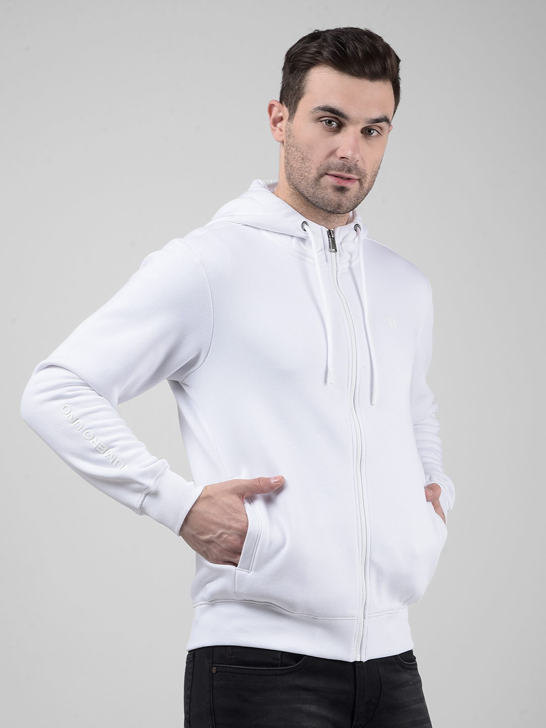 Numero Uno Men White Zip-Up Hoodie